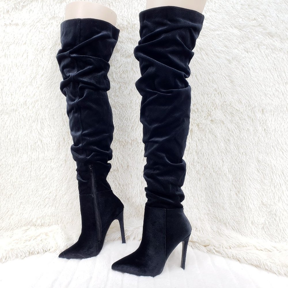 Black Slouchy Thigh High Heel Boots